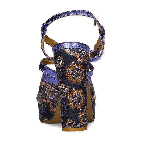 Maciejka Leather Platform Block Heel Sandals Navy Metallic Folk Pattern 06084-17/00-1