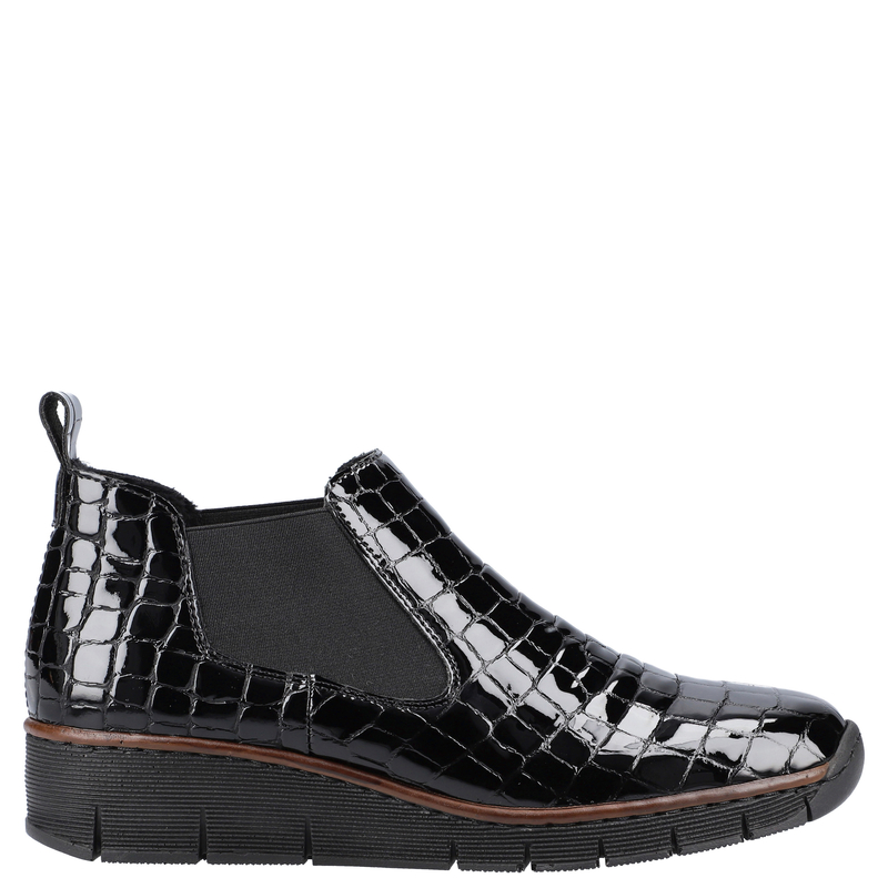 Rieker Lakierowane Skórzane Na Koturnie Półbuty Wsuwane Croco Czarne 53794-01-BLK