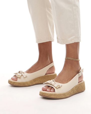 Filippo Leather Perforated Wedge Sandals With Bow Beige DS7582-26-BE