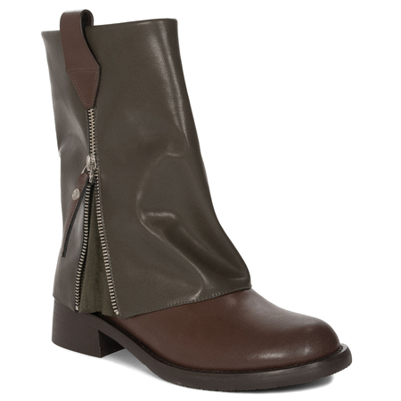 Maciejka Damskie Skórzane Botki Z Nakładaną Cholewką Niski Obcas 4 cm Zielono-Brązowe K7213-09/00-8