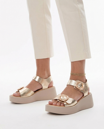 Artiker Leather Wedge Sandals With Large Buckles Metallic Gold 58C2200