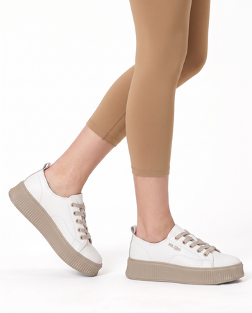 Filippo Sneakersy Damskie Skórzane Sznurowane Na Ryflowanej Platformie Białe Z Beżem DP6122-26-WH-BE