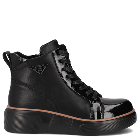 Filippo Leather Patent-Accented Women’s Ankle Boots With Side Zip Platform Black DBT6453-25-BK