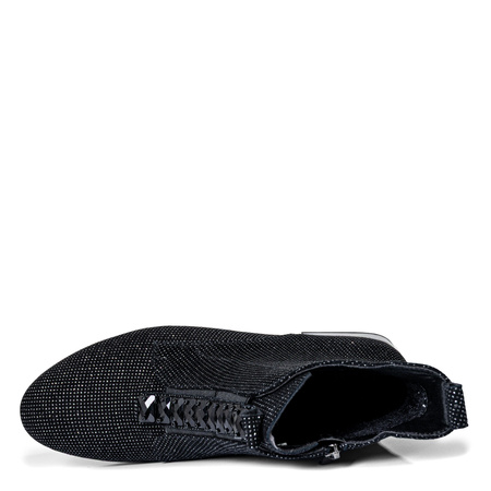 S.Barski Sparkle Leather Ankle Boots Block Heel Black MR52-156-BK