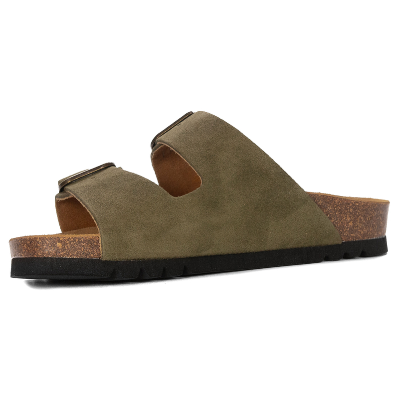 Scholl Skórzane Klapki z Dwoma Klamrami Damskie Anatomiczna Podeszwa Khaki F32165-1147