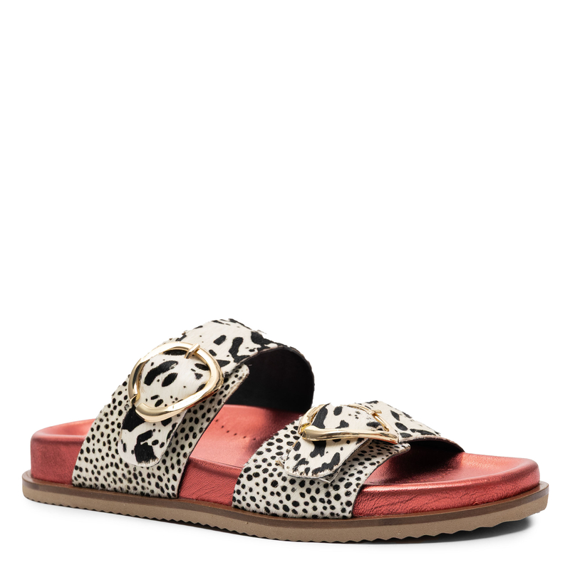 Gioseppo Leather Double-Buckle Platform Slides 3 cm White-Black With Metallic Red Footbed 78025-CARNEY-RED