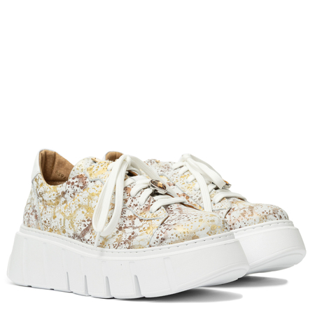 Maciejka Skórzane Sneakersy na Platformie Biało-Złote 06891-11/00-8