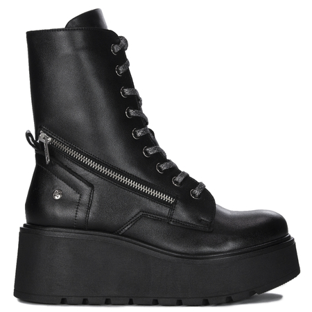 Maciejka Leather Platform Ankle Boots Lace-Up Black 06676-01/00-8