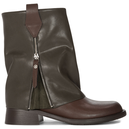 Maciejka Damskie Skórzane Botki Z Nakładaną Cholewką Niski Obcas 4 cm Zielono-Brązowe K7213-09/00-8