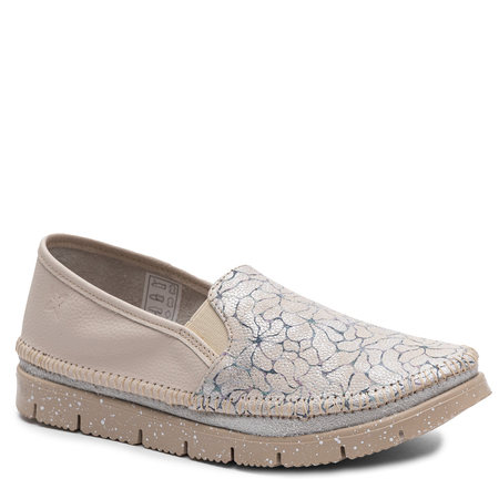 Maciejka Skórzane Wygodne Półbuty Slip-On z Kwiatowym Wzorem Beżowe 03512-69/00-0