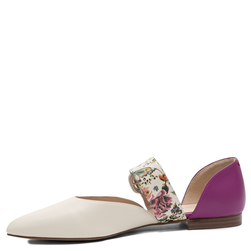 Maciejka Leather Mary Jane Flats With Floral Strap Pointed Toe Beige-Pink K7438-15/00-1