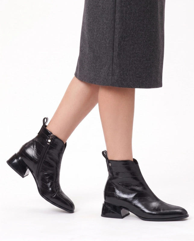 Maciejka Women's Leather Pointed Toe Geometric Block Heel Ankle Boots Black K7675-01/00-7