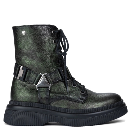 Maciejka Skórzane Botki w Stylu Militarnym Z Uprzężą Metaliczna Zieleń 07092-09-00-8