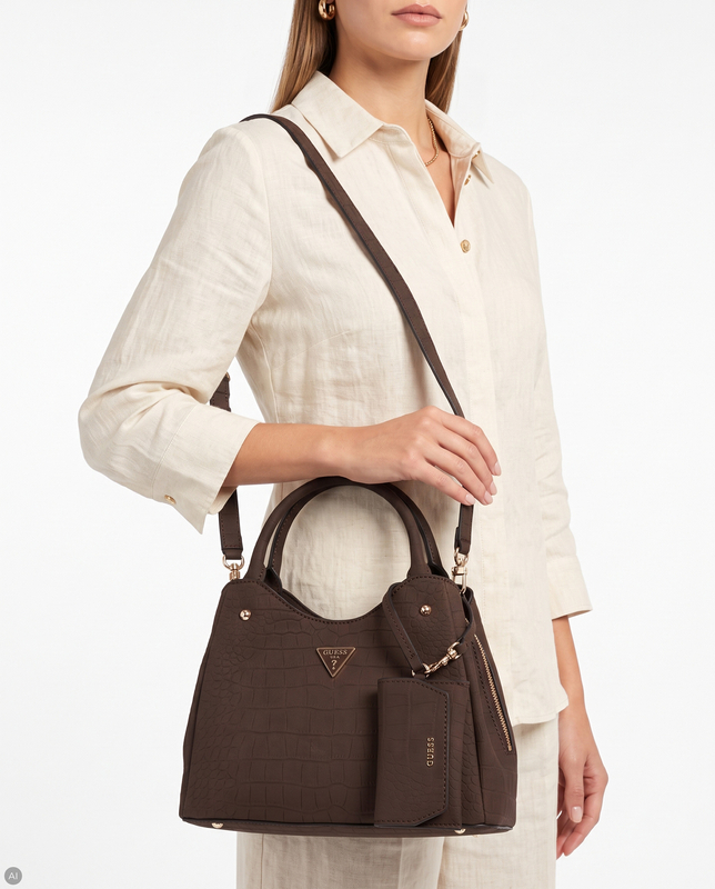 Guess Elegancka Torebka Damska Kuferek Z Fakturą Krokodyla Ciemnobrązowa CG230622-ESPRESSO