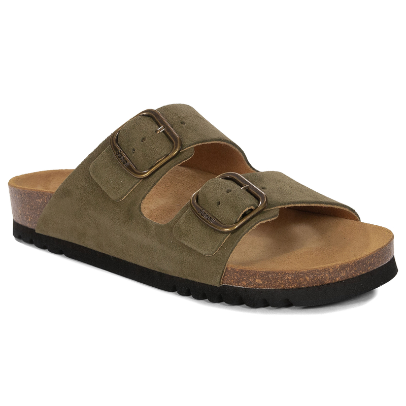 Scholl Leather Slides Two Buckles Women’s Sandals Anatomic Footbed Olive F32165-1147