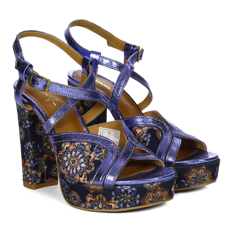 Maciejka Leather Platform Block Heel Sandals Navy Metallic Folk Pattern 06084-17/00-1