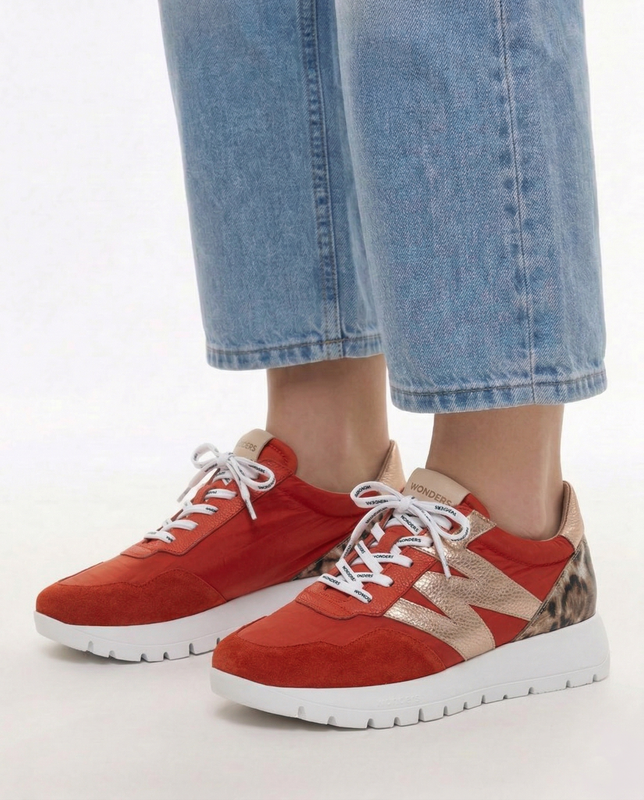 Wonders Leather Platform Sneakers Sporty Derby Metallic Logo & Leopard Red A-24100-FLAM-RAME