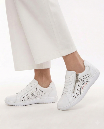 Rieker Leather Perforated Women’s Sneakers With Side Zipper White 52824-80