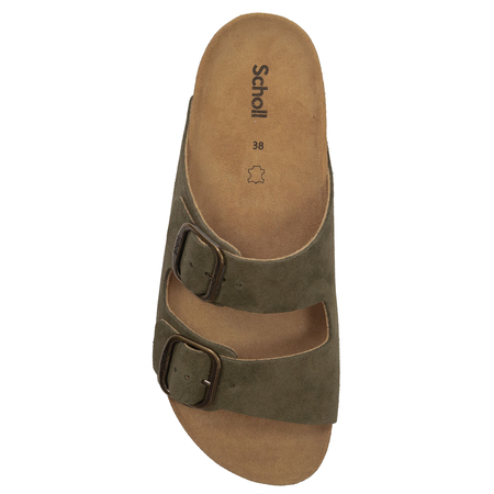 Scholl Skórzane Klapki z Dwoma Klamrami Damskie Anatomiczna Podeszwa Khaki F32165-1147