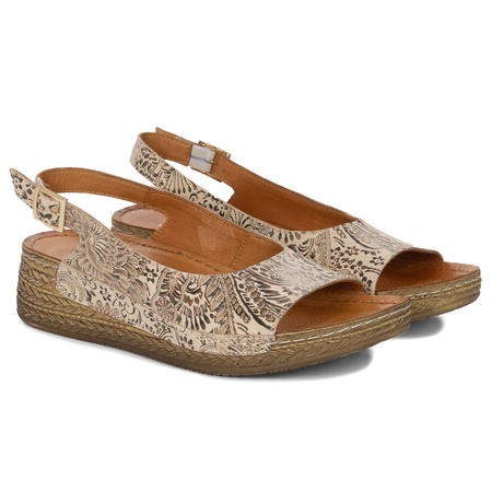 Maciejka Women's Leather Sandals Beige with Flowers