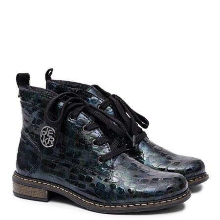 Rieker Warm Lined Lace-Up Ankle Boots Patent Patterned Green 71205-90-BLUE