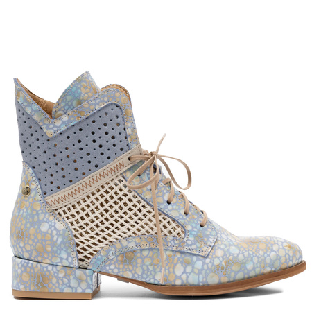 Maciejka Leather Perforated Boots Ankle Lace-Up Low Heel Blue-Beige 07322-06/00-1
