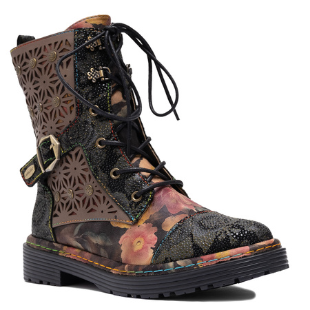 Laura Vita Skórzane Ażurowe Trzewiki Damskie Sznurowane z Zamkiem Wielokolorowe INCASO-036-NOIR