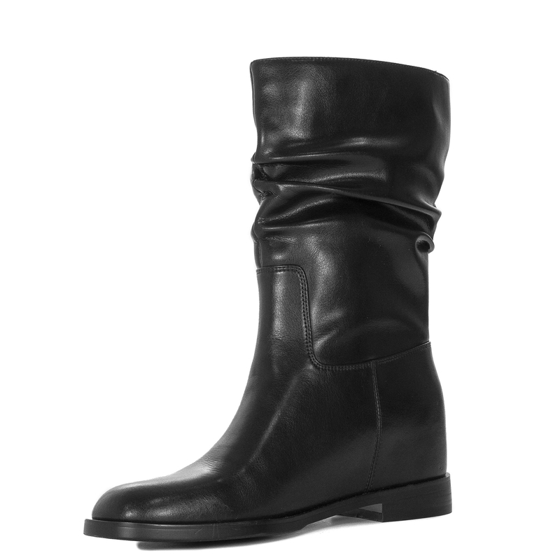 Maciejka Skórzane Marszczona Cholewka Botki Ukryty Koturn 6,5 cm Czarne K7211-01/00-8