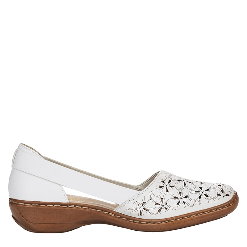 Rieker Leather Floral Openwork Slip-On Shoes Low Wedge White 41356-80