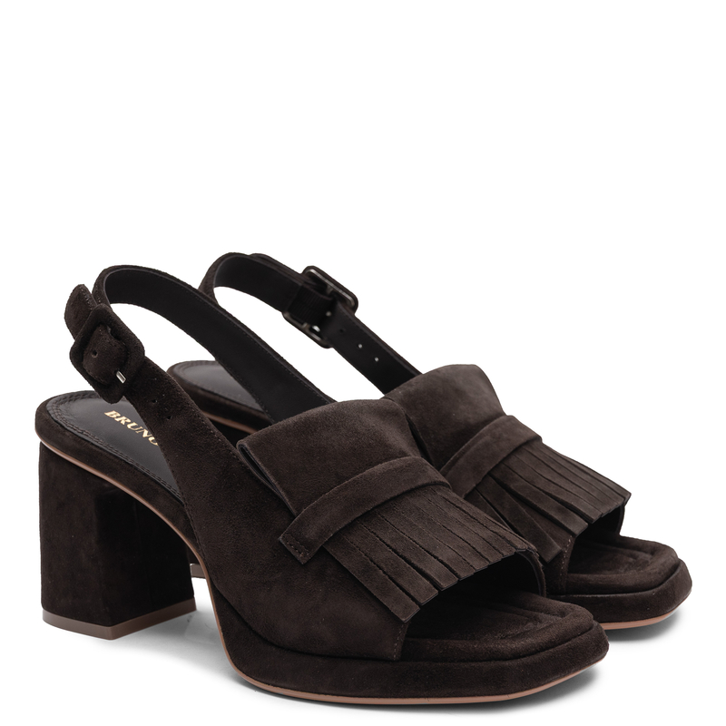 Bruno Premi Suede Block Heel Sandals With Fringes Brown BN5203XBPRSUEBROW