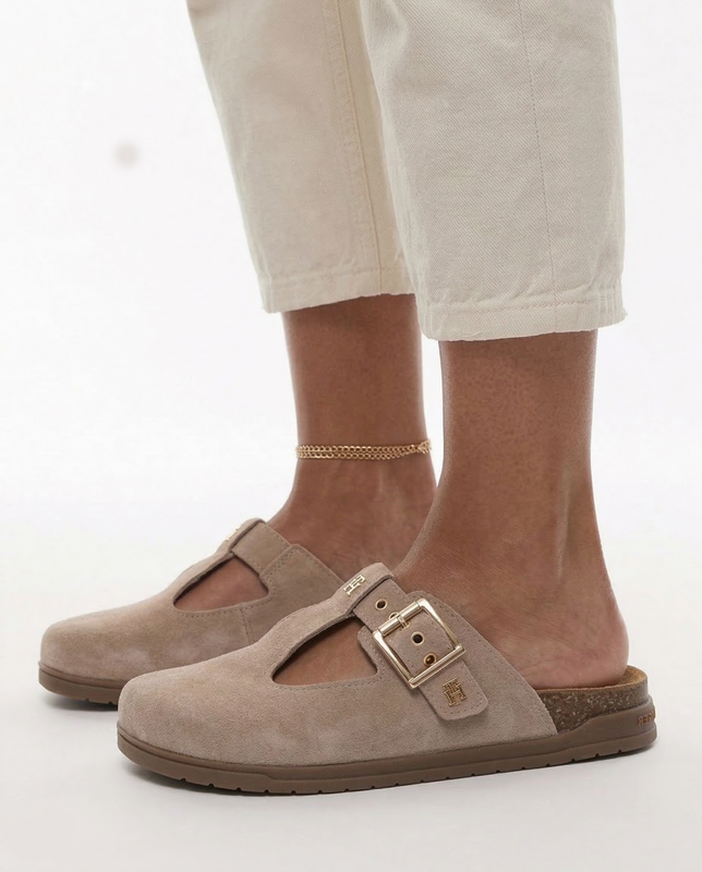 Tommy Hilfiger Skórzane Klapki na Korkowej Podeszwie Beżowe T3A2-34310-BEIGE