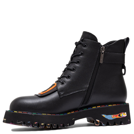 Artiker Botki Skórzane Na Platformie Damskie Z Kolorową Podeszwą Czarne 55C0516