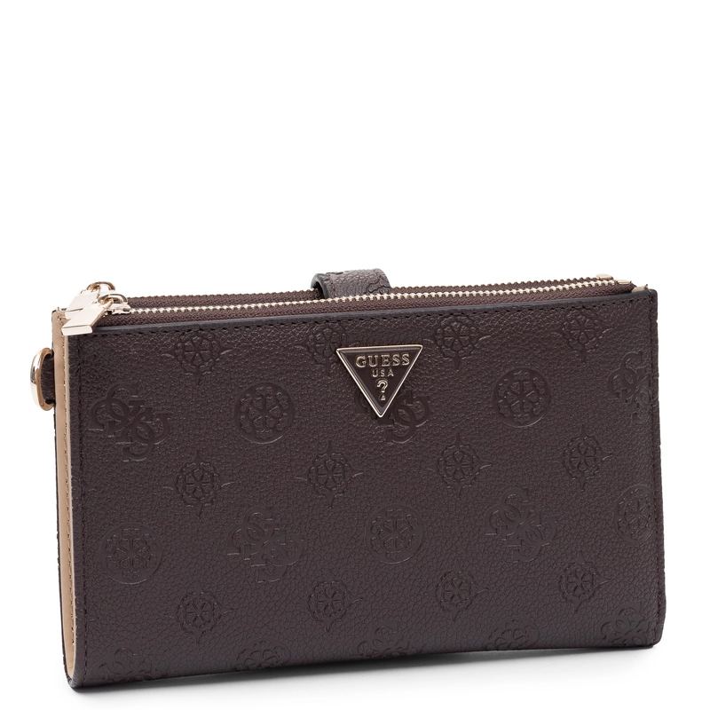 Guess Elegancki Zapinany Na Zamek Portfel Damski Z Paskiem Brązowy SWPD2222157-BROWN