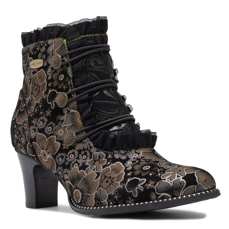 Laura Vita Heeled Ankle Boots Boho Floral With Zipper Black ELCODIEO-224-CAFE