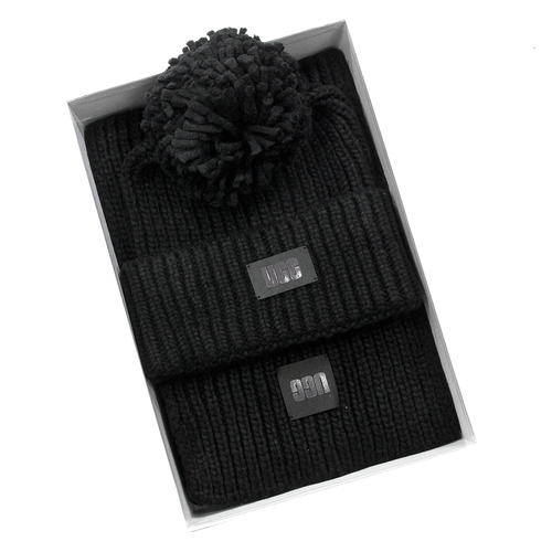 UGG Zestaw Czapka + Szalik Black Knit Beanie Pom and Scarf